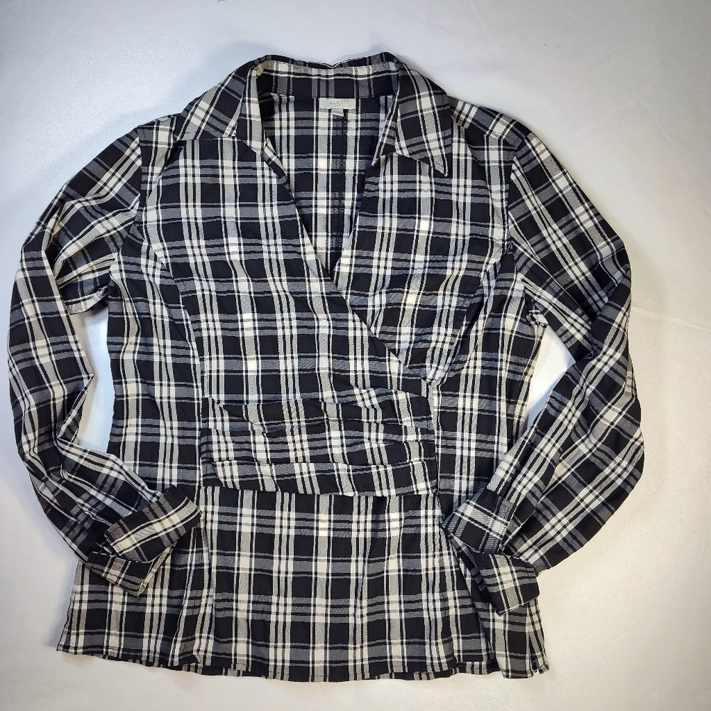 Talbots Women's Black White Plaid Faux Wrap, Collar, V Neck, Long Slve Top Sz 12